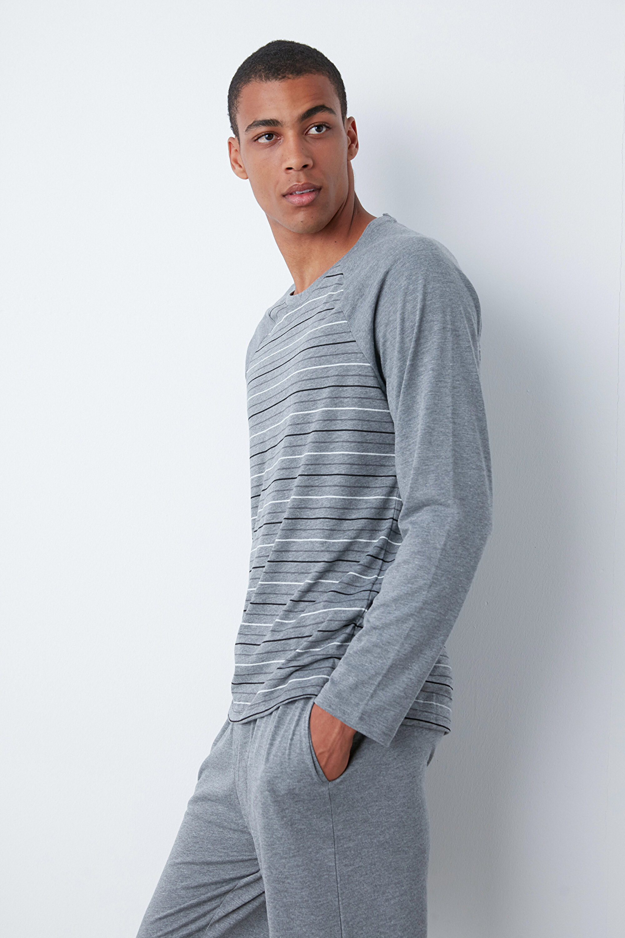 GREY STRIPED LS PANTOLON SET, L, MIX MIX