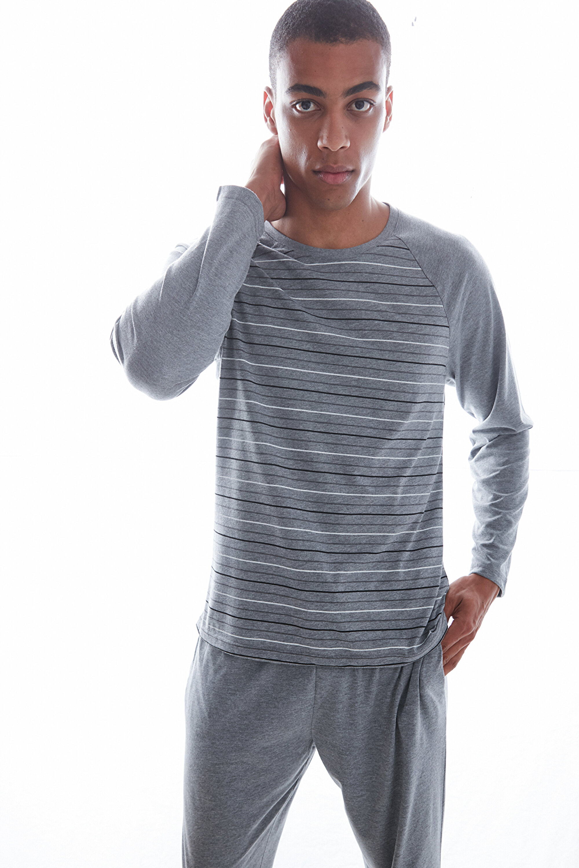 GREY STRIPED LS PANTOLON SET, L, MIX MIX