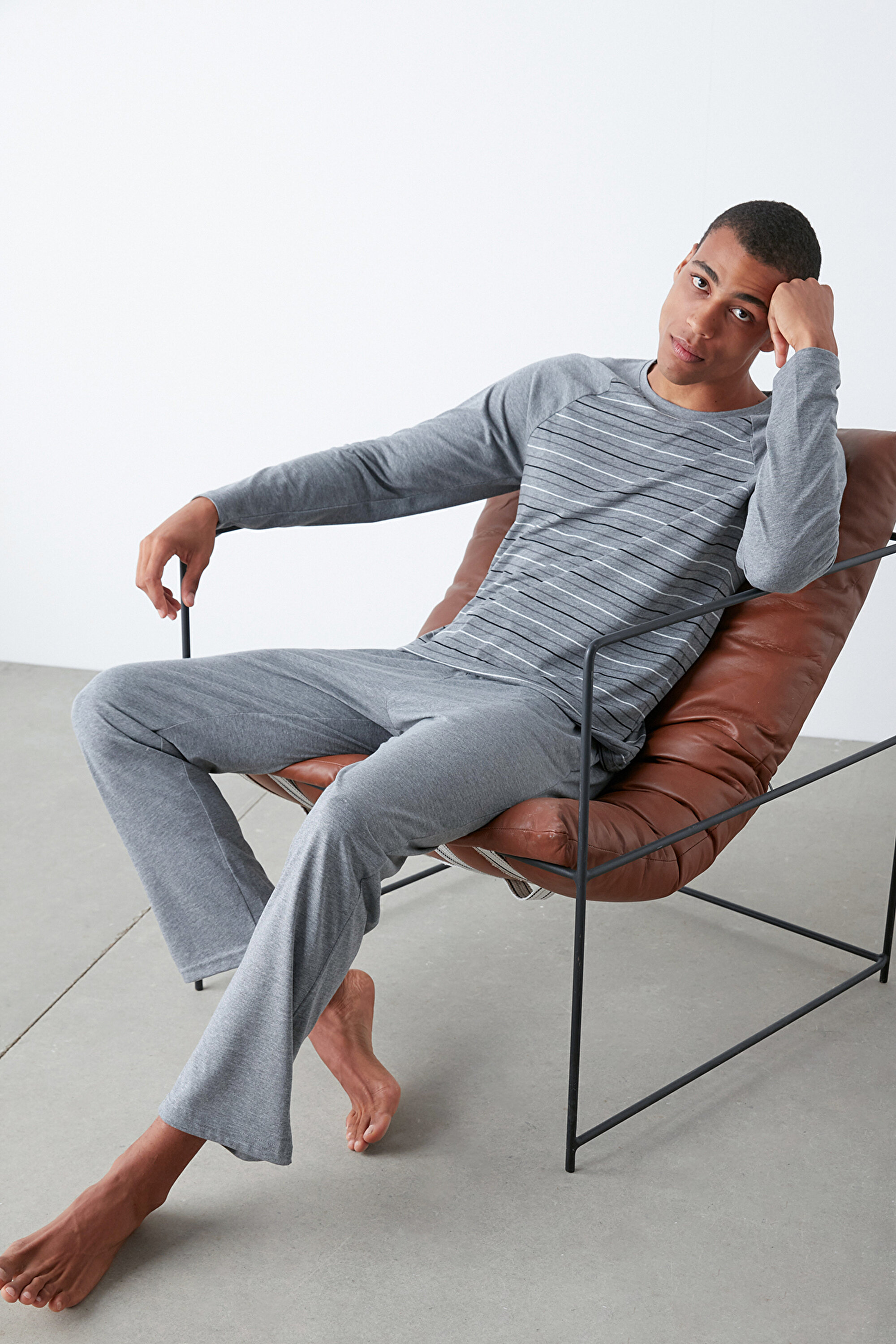 GREY STRIPED LS PANTOLON SET, L, MIX MIX