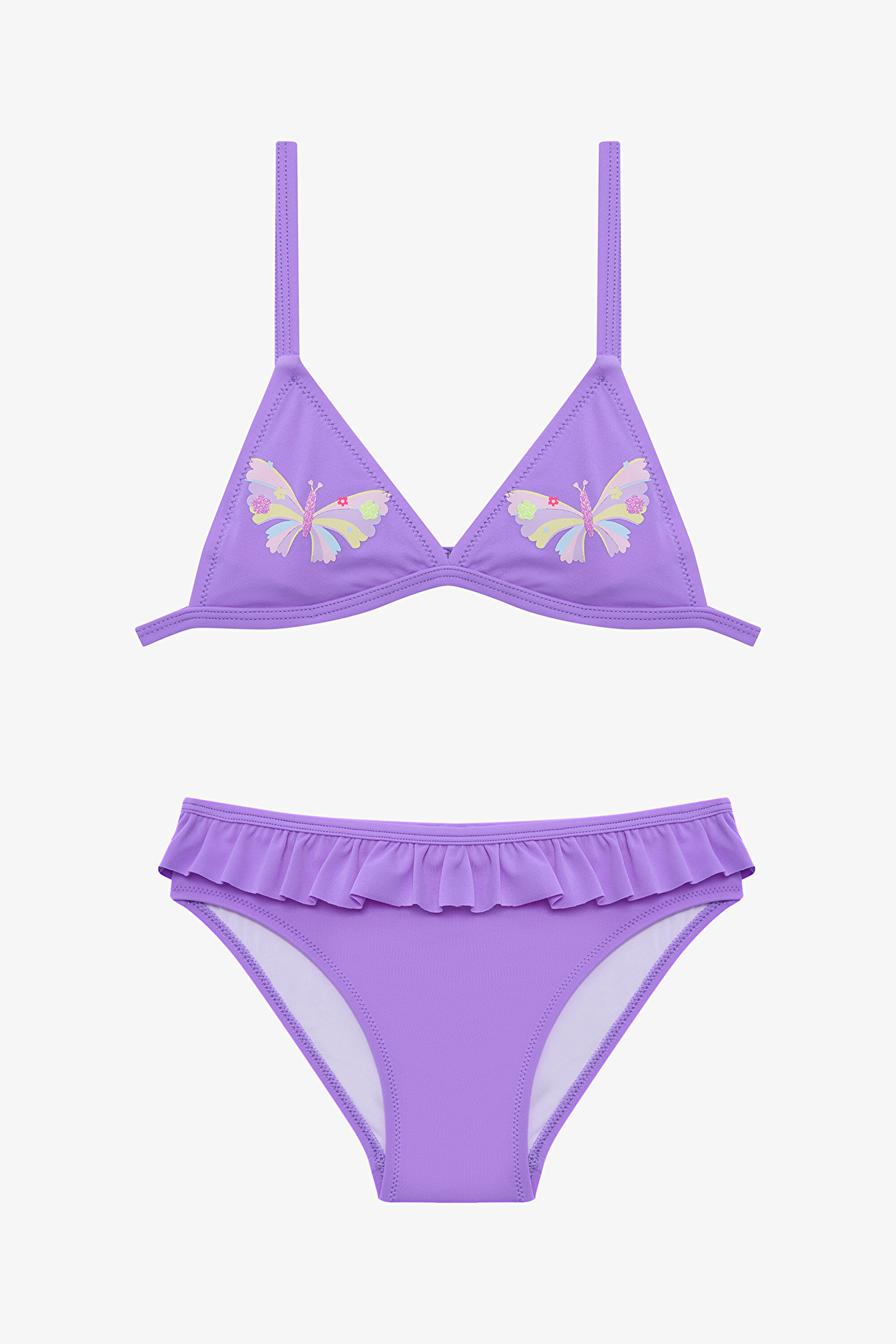 Lila Kız Çocuk Butterfly Fırfırlı Üçgen Bikini Takım PL877KM325IY