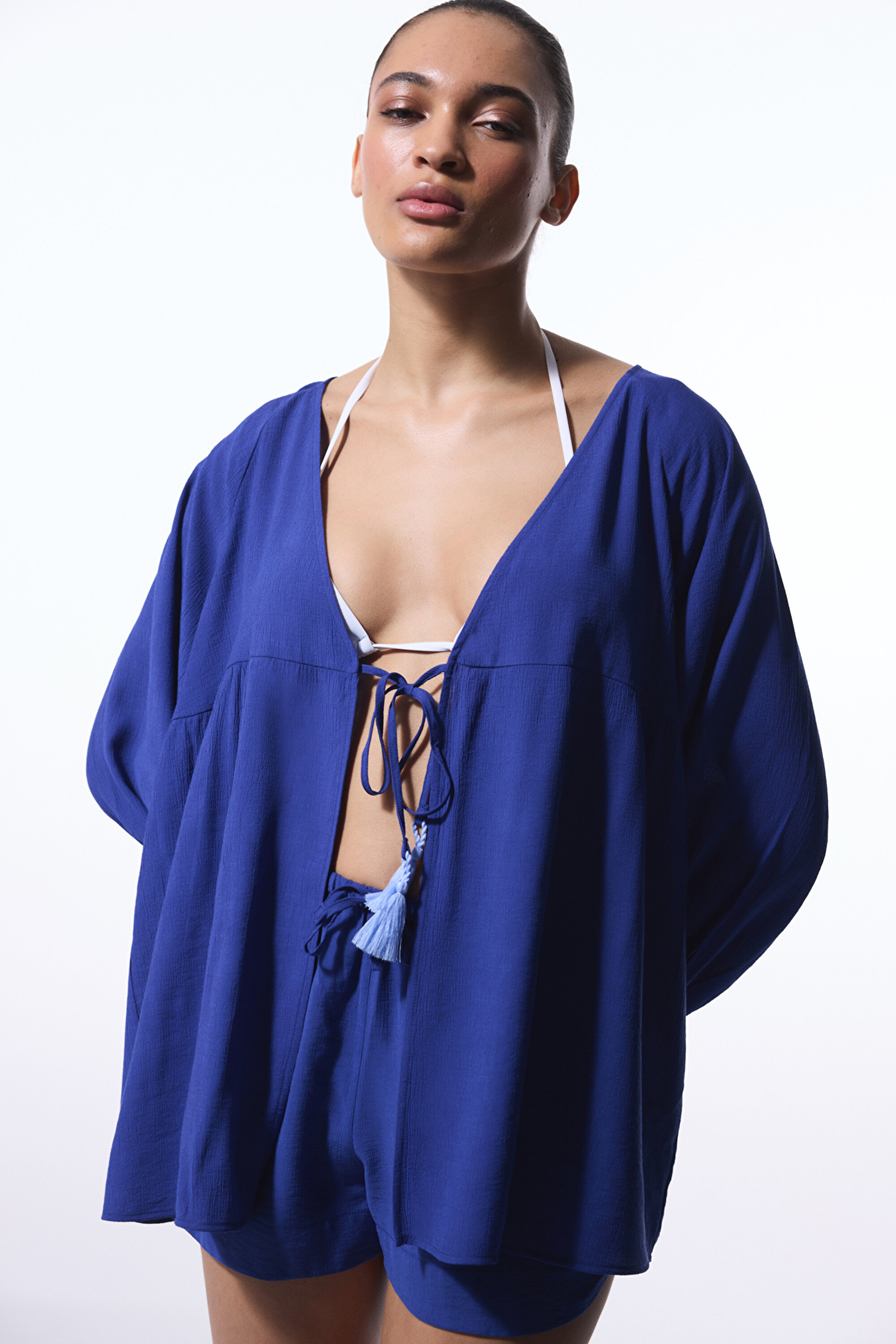 kanya Lacivert Freya Crinckle Kısa Kol V Yaka Midi Kimono PL8O2SWJ25IY