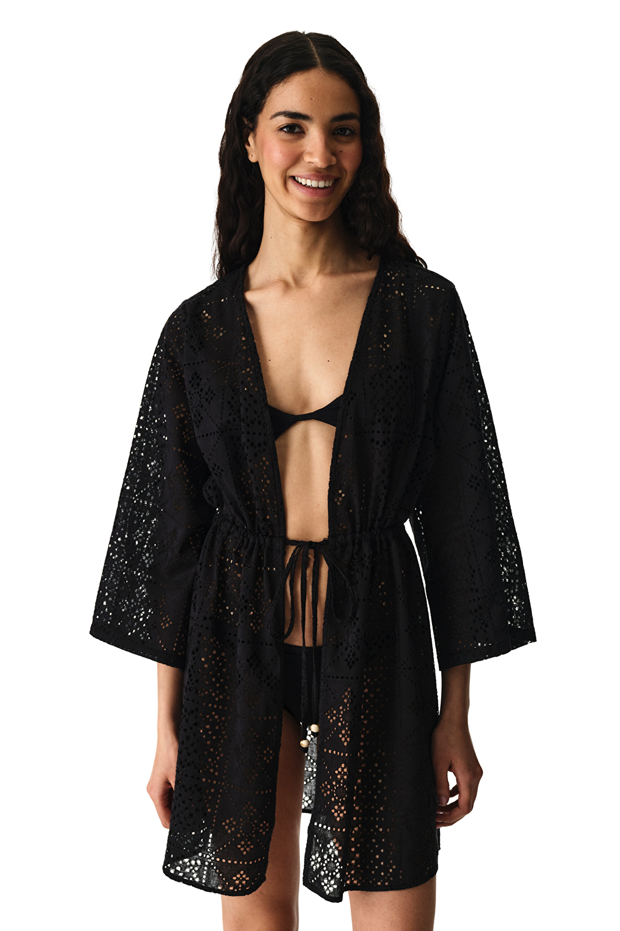 Black Jasmine Ethnic Patterned Lace Long-Sleeve Kimono