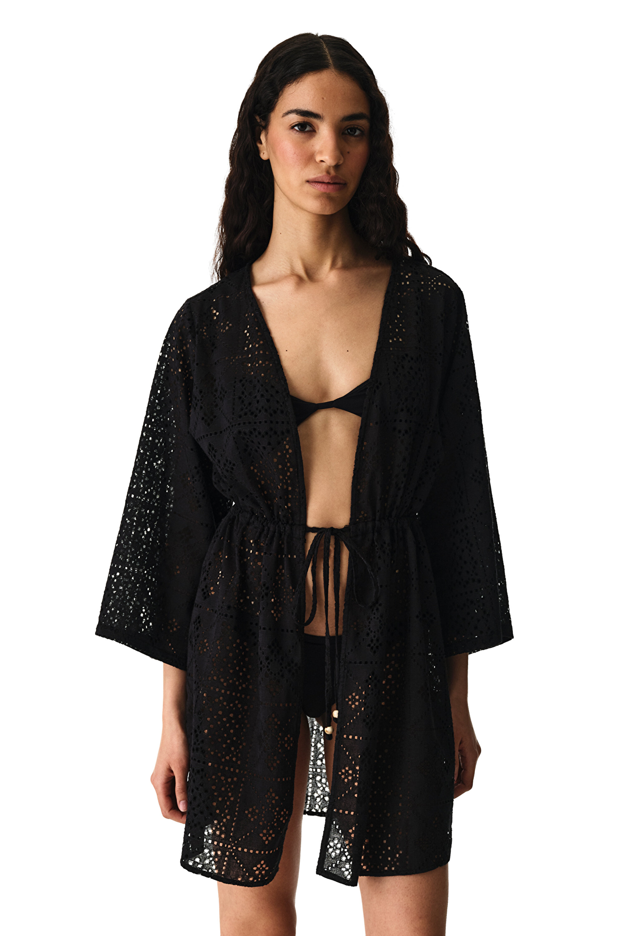 Si̇yah Jasmine Etnik Desenli Dantelli Uzun Kollu Kimono