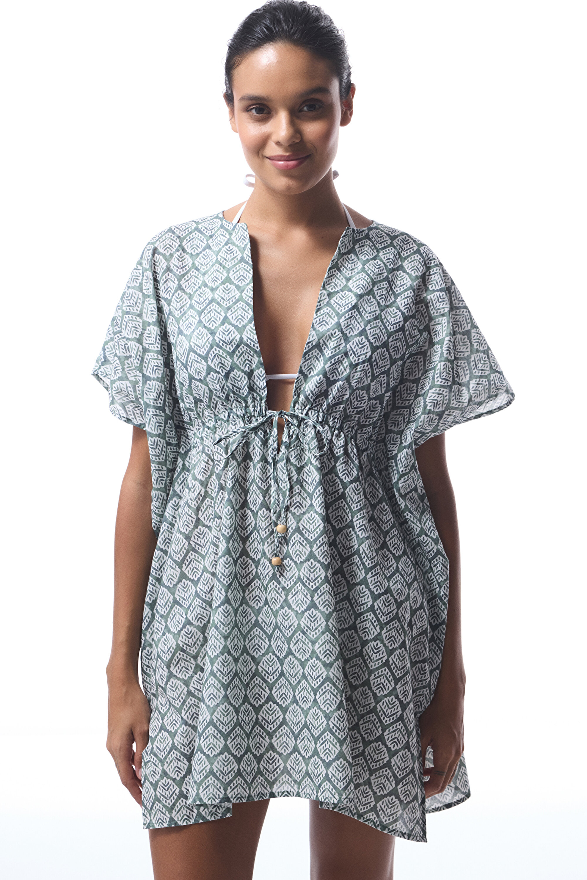 Yeşil Spring V Yaka Mini Kaftan PLJD7GE625IY-MIX - Çok Renkli - Penti