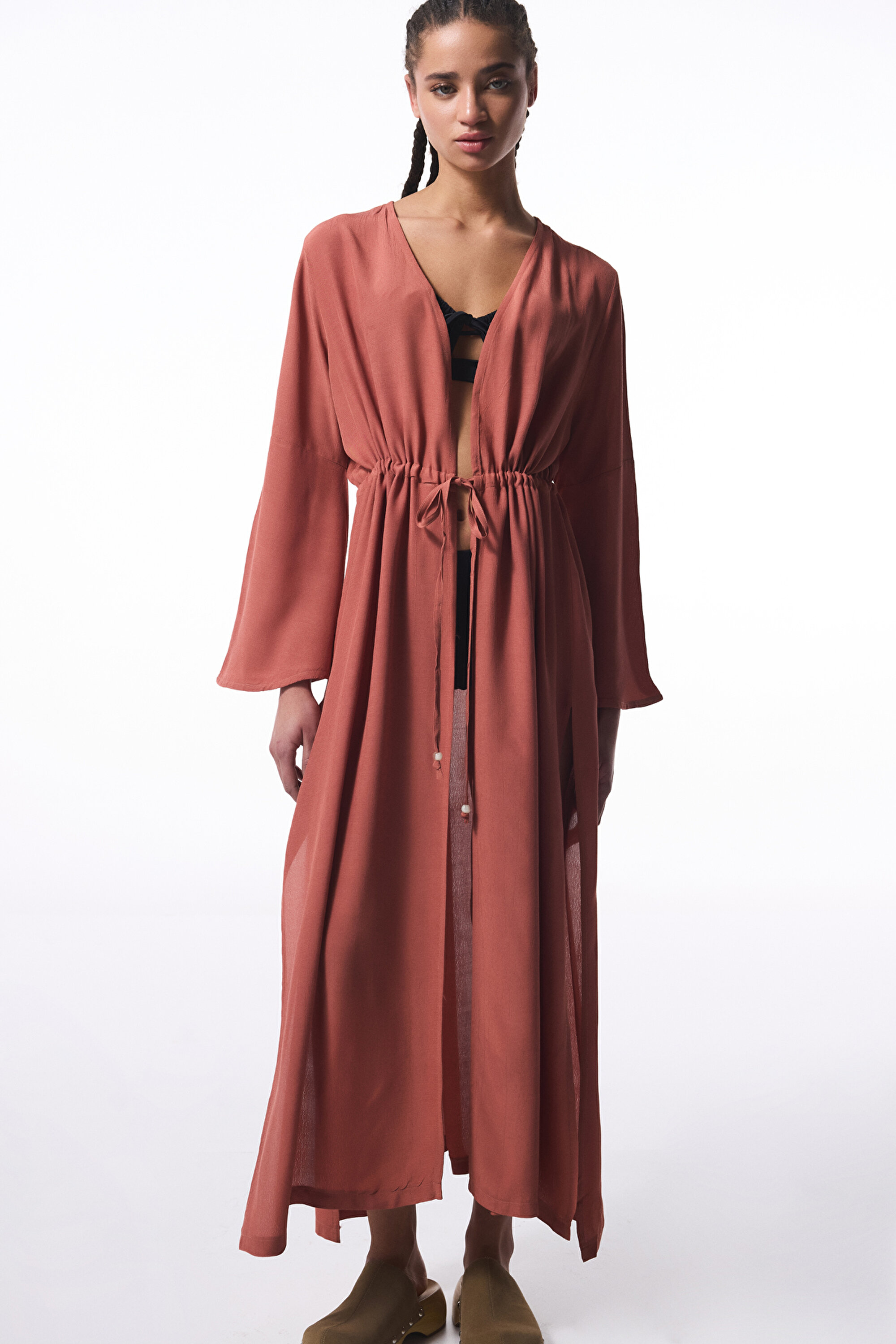 Kiremit Rengi Olivia Crinckle Uzun Kol Oversize Kimono