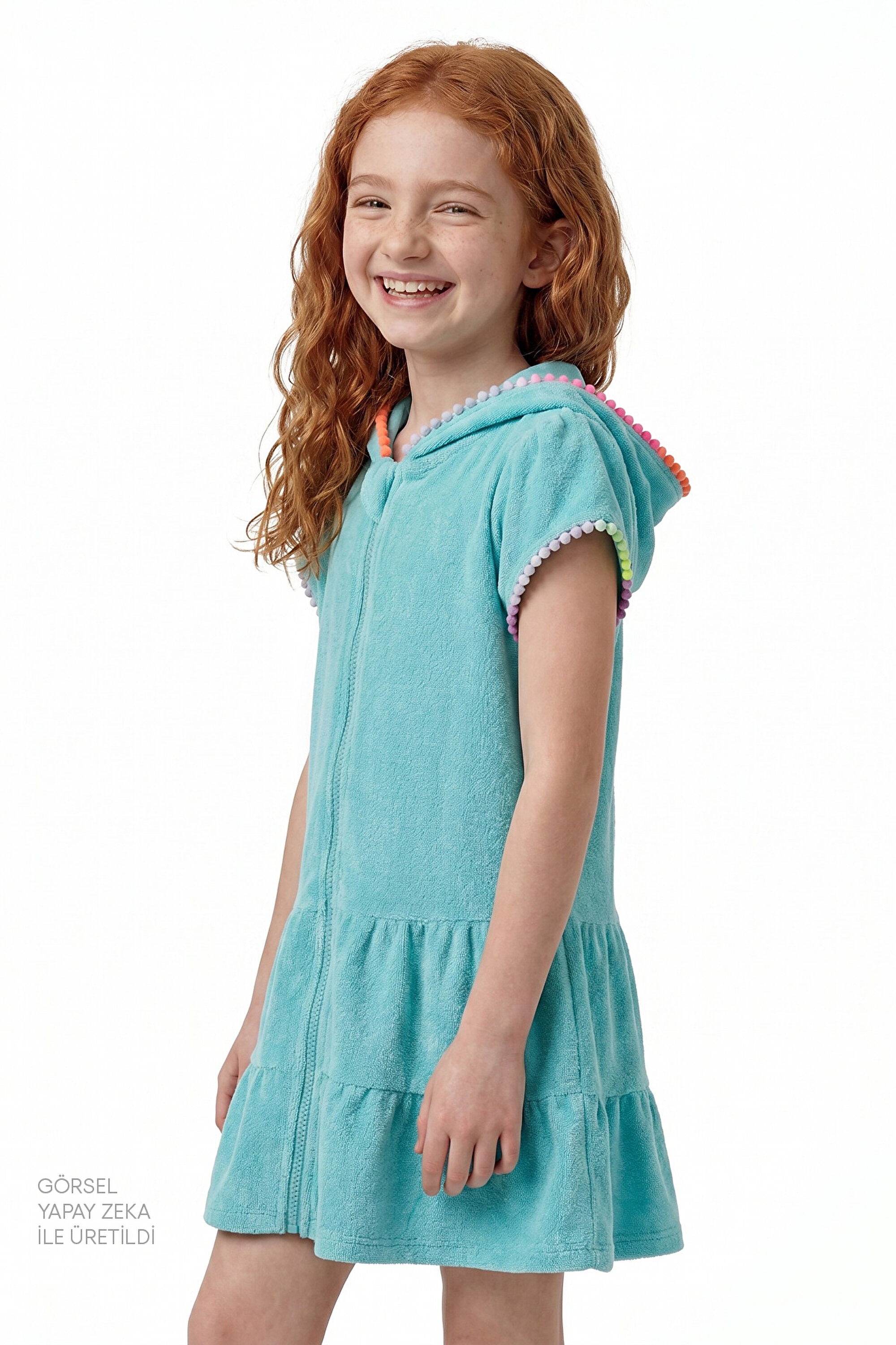 Kız Çocuk Mint Mavisi Sweet Ponponlu Kısa Kollu Havlu Kaftan