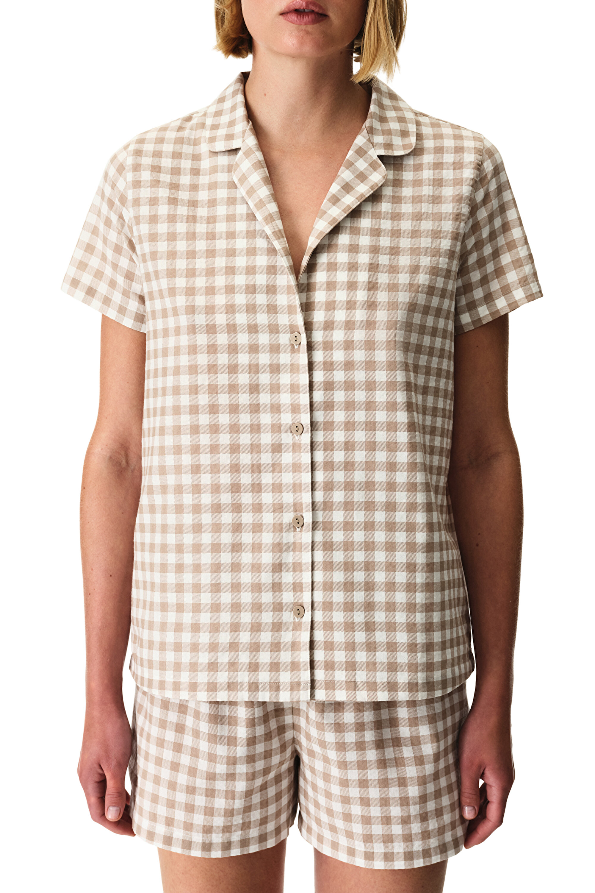 Latte Beige Gingham Gingham Patterned Short-Sleeve Shirt Shorts