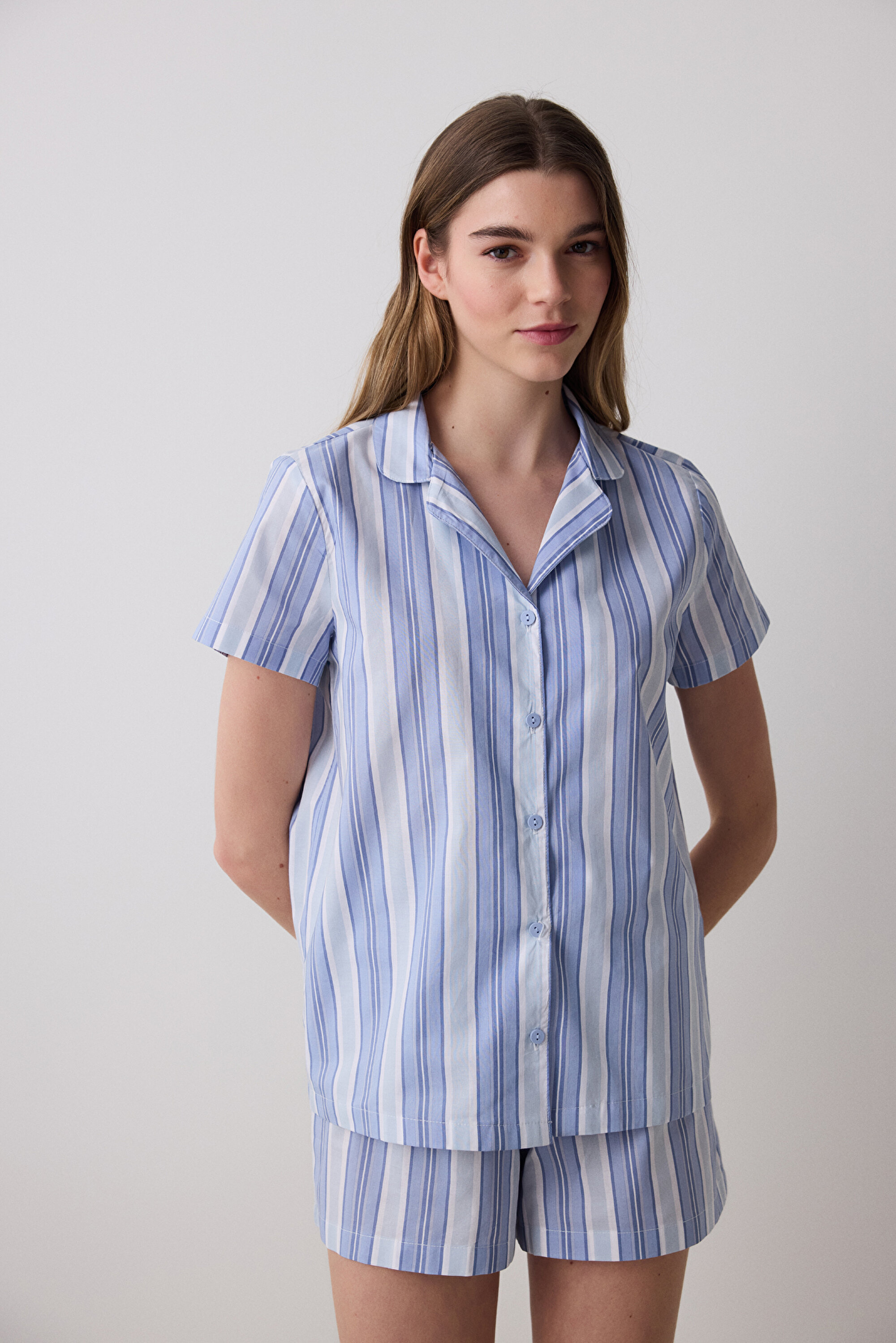 Travel Striped Gömlek Şort Mavi Pijama Takımı PN1690ZL25IY-BU6