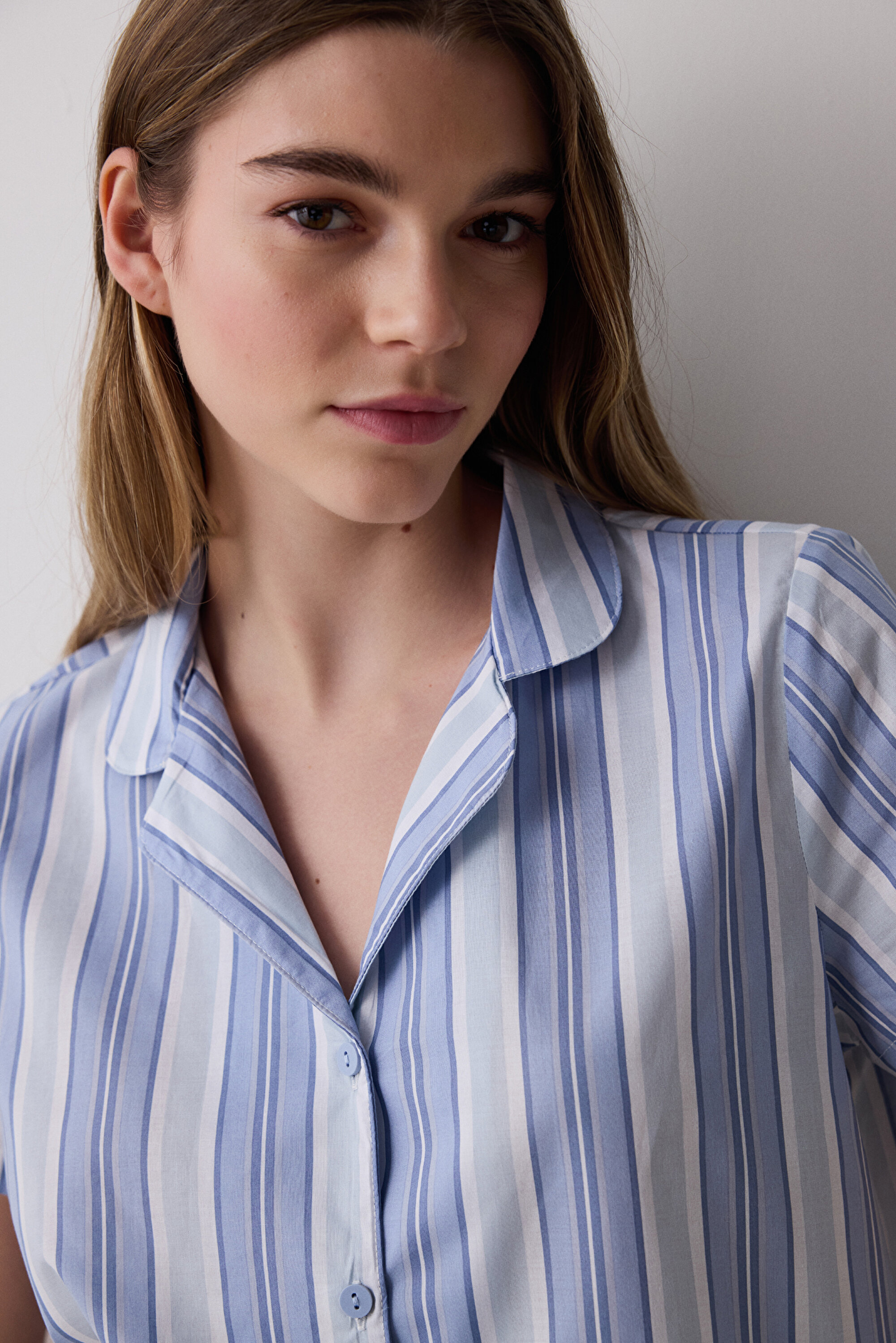 Travel Striped Gömlek Şort Mavi Pijama Takımı PN1690ZL25IY-BU6