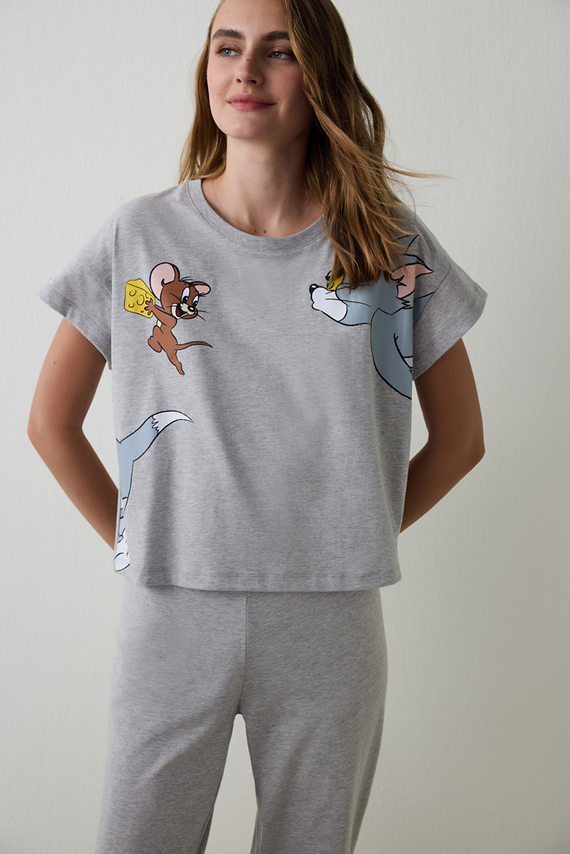 Gray Melange Tom Jerry Printed Short Sleeve Pajama Set