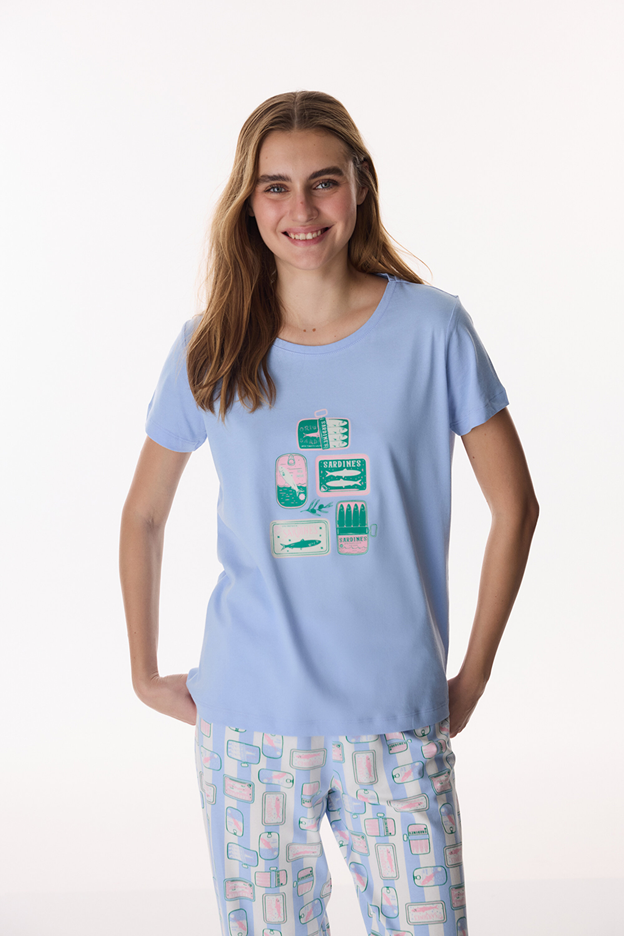 Mavi Sardines Pamuklu Pantolon Pijama Takımı PN4SF34226IY-BL41