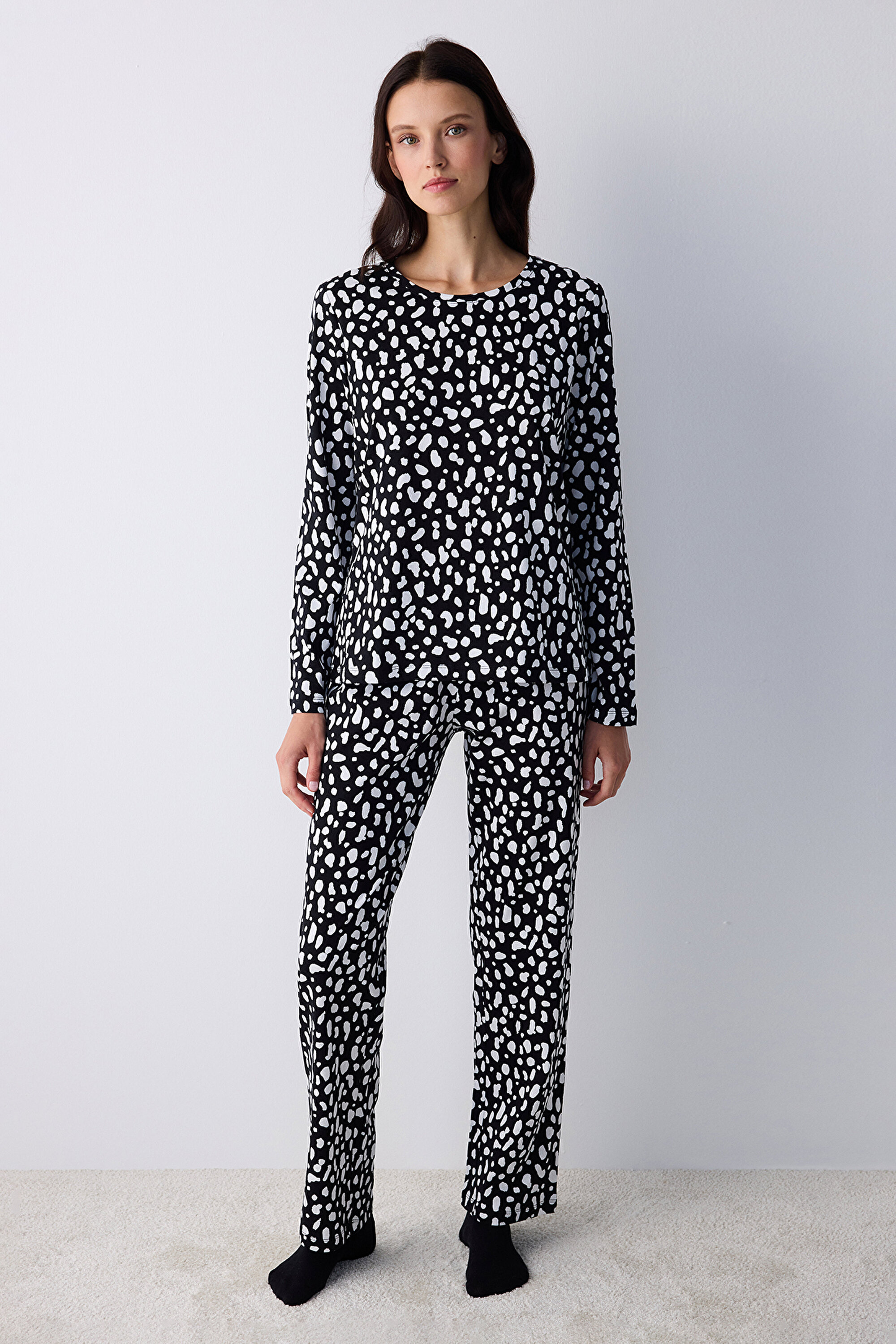 Pamuklu Dark Leopard Siyah Pantolon Pijama Takımı PN4VBQ9824SK-BK3