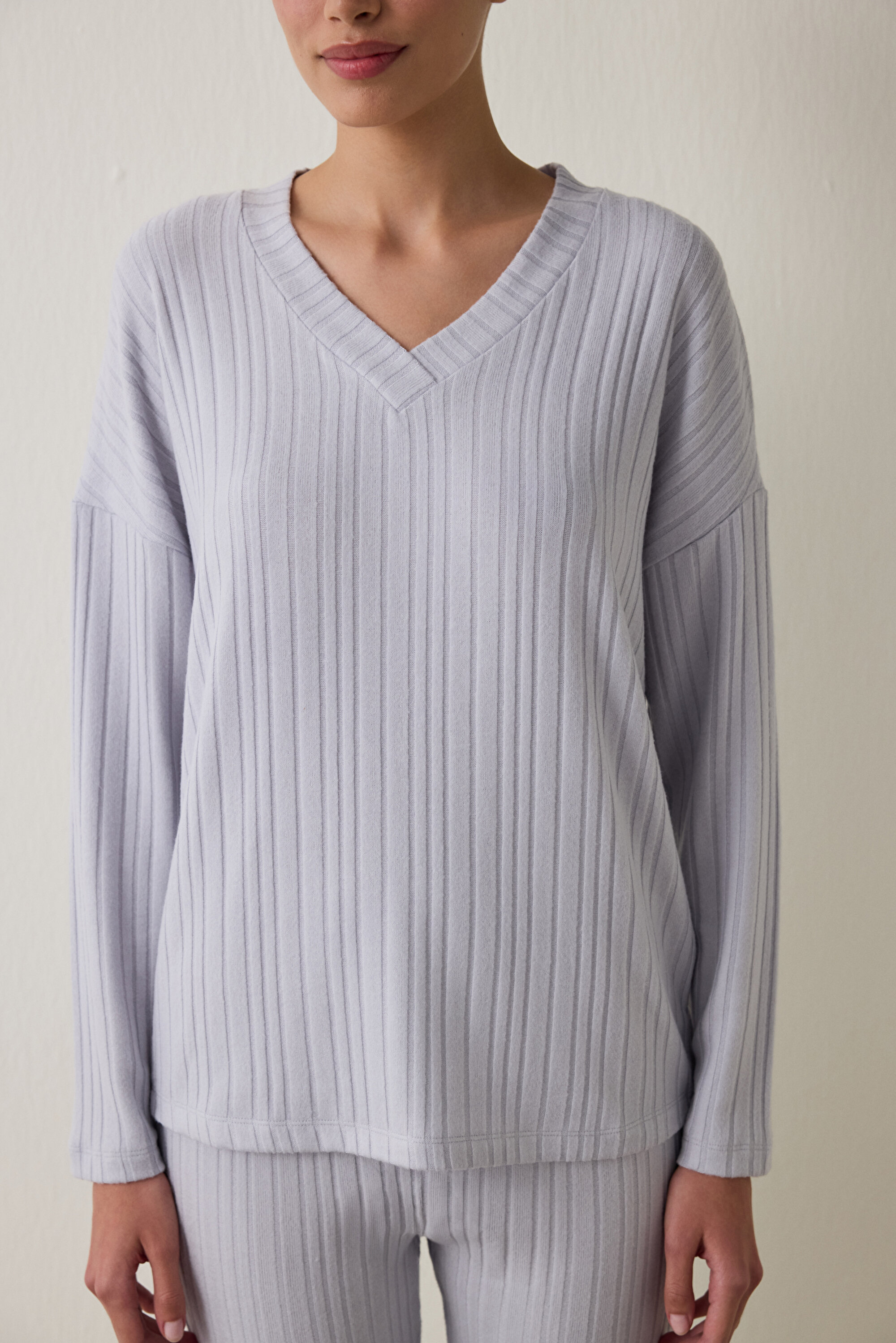 Açık Gri Melanj Cozy V Yaka Uzun Kollu Termal Etkili Pijama Takımı