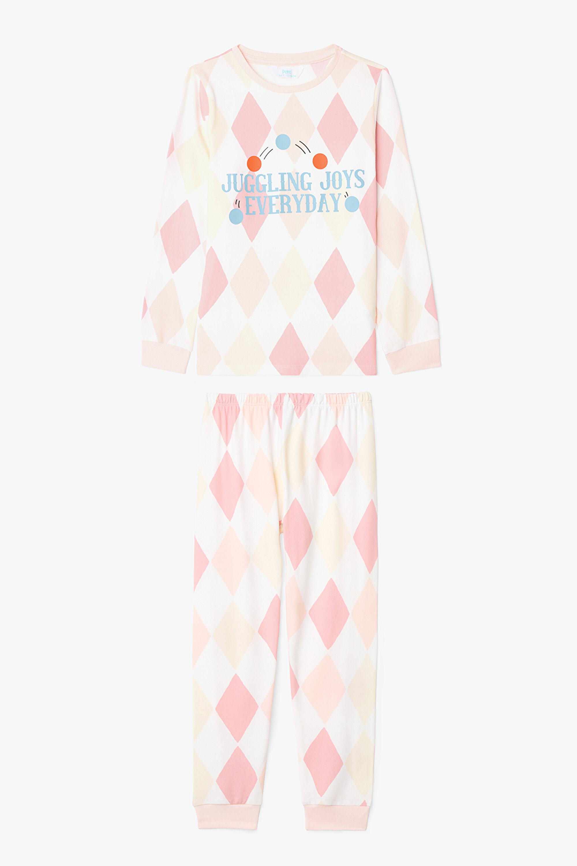 Kırık Beyaz Kız Çocuk Juggling Baklava Desenli Pijama Takımı