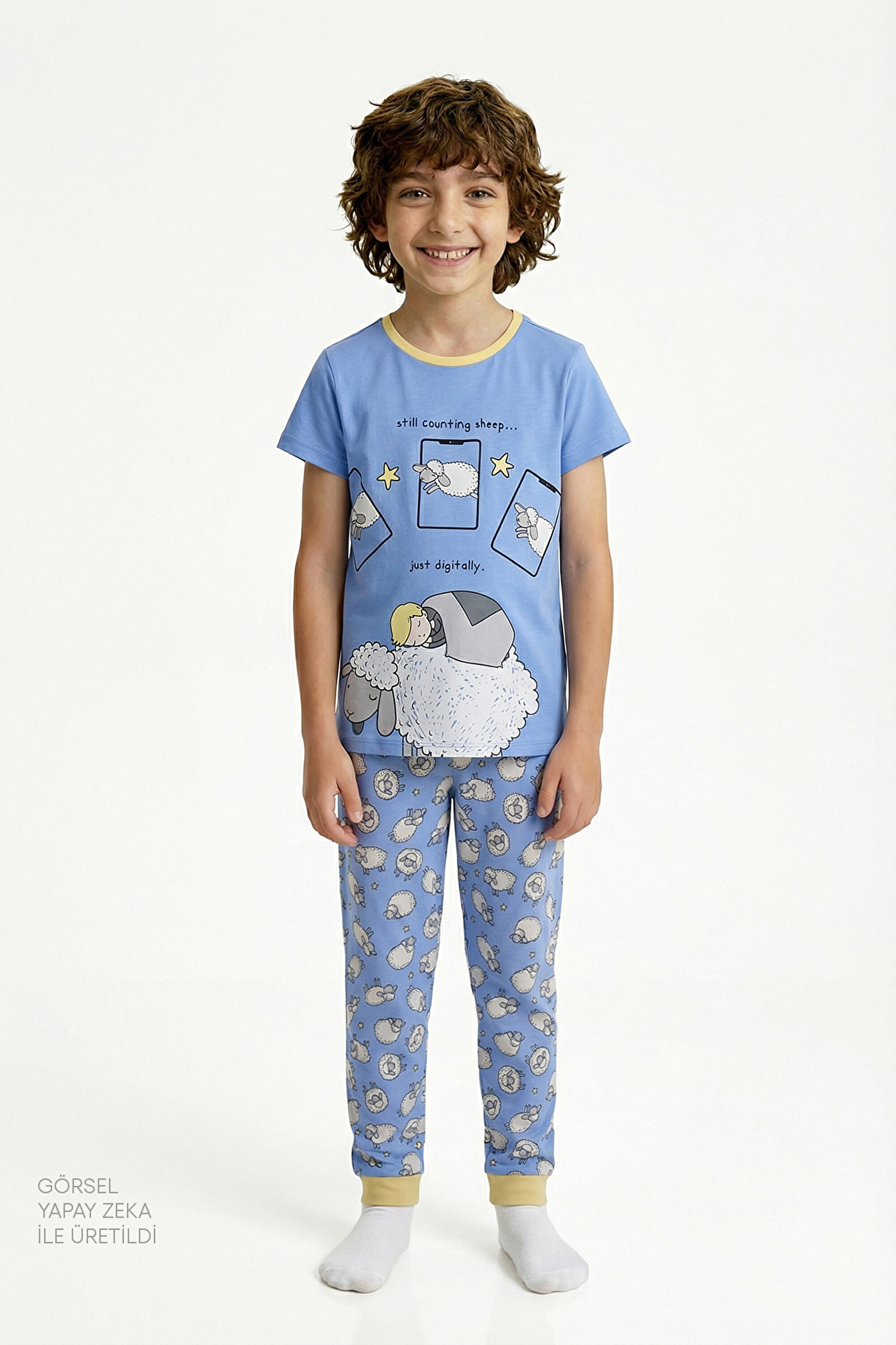p_boy☆7番×2 Erkek Çocuk Mavi Sheepy Kısa Kollu 2'li Pijama Takımı PNABP8E126IY