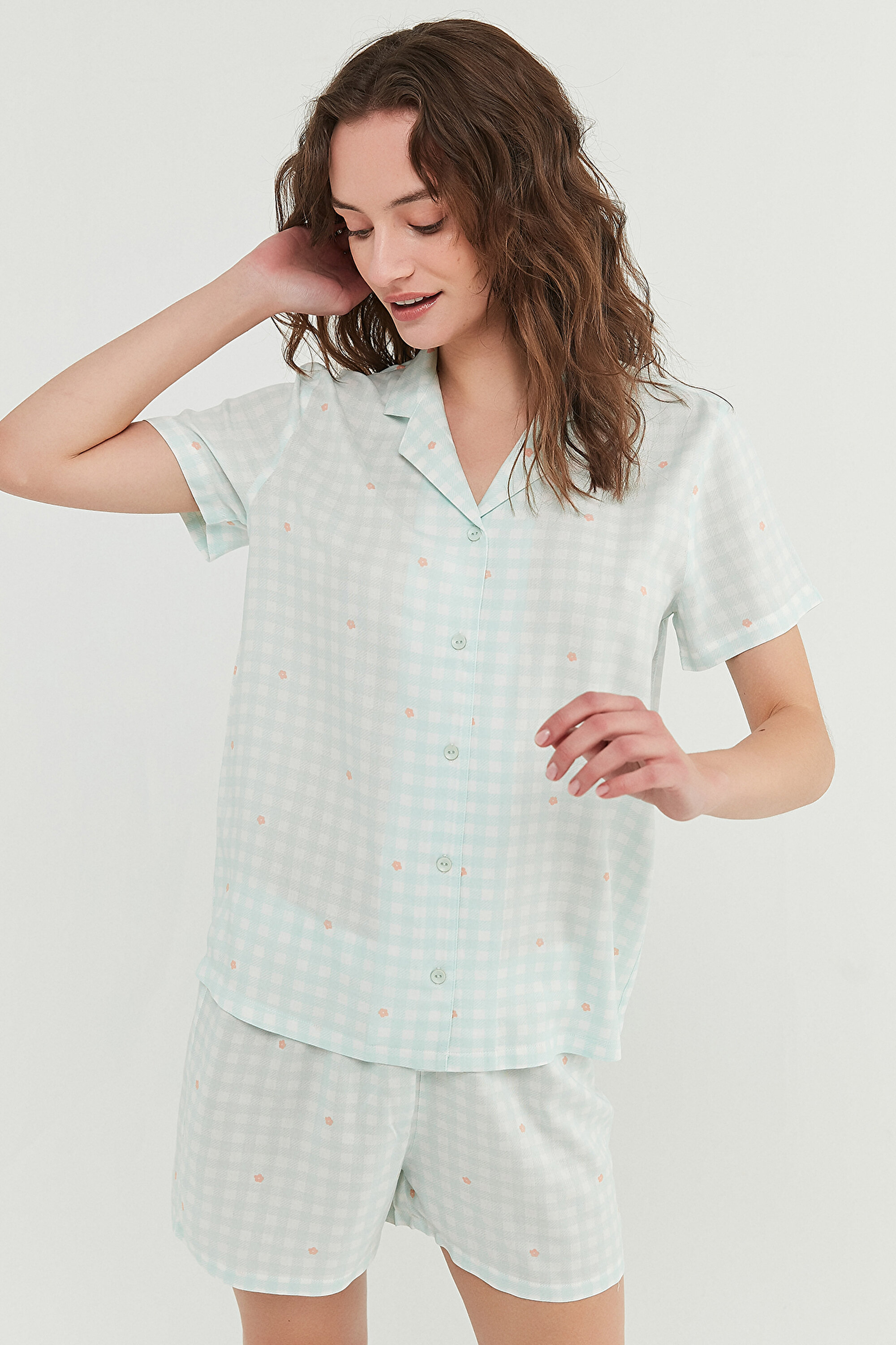 FLORAL GINGHAM SS GÖ, L, MN4 MINT YESILI