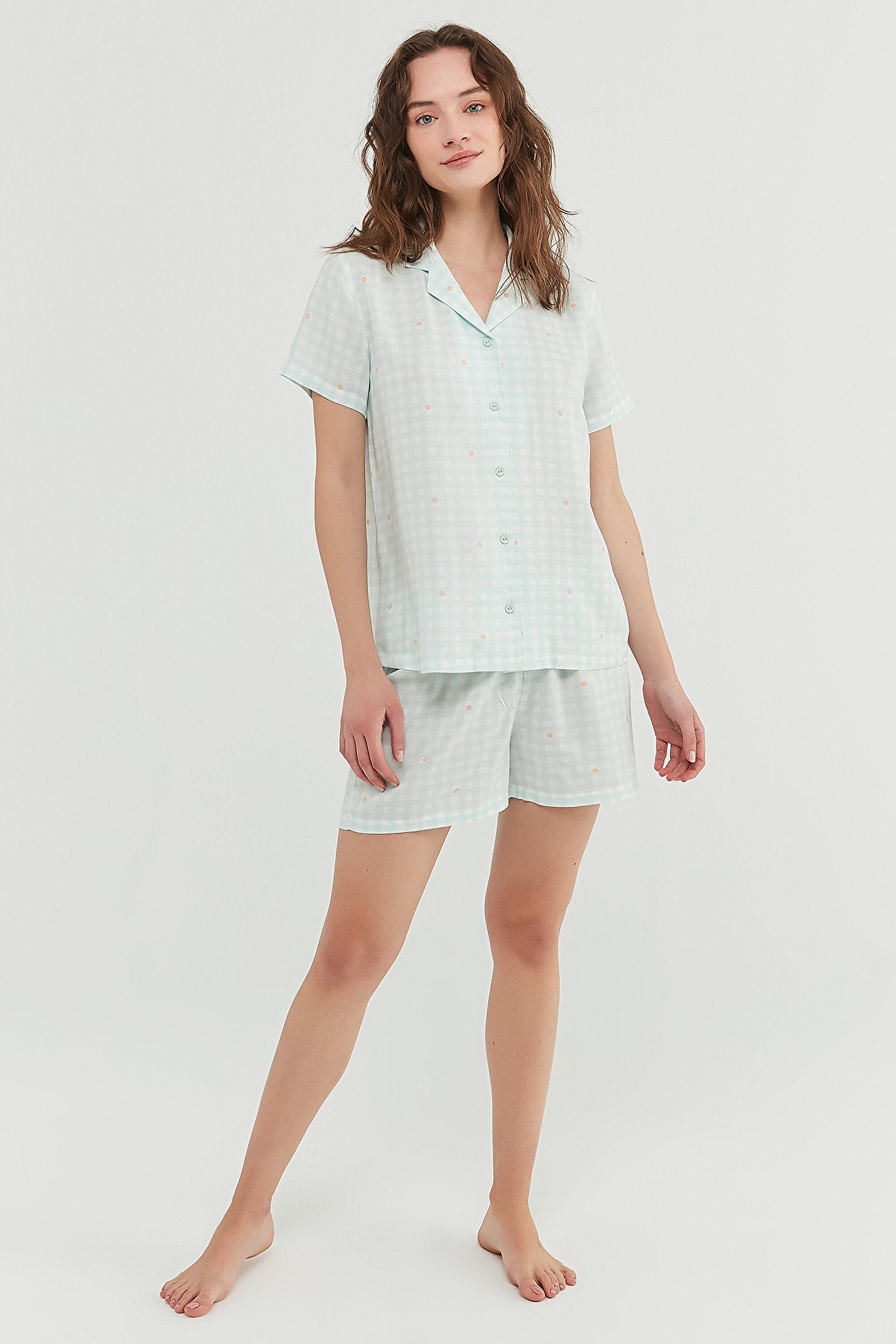 FLORAL GINGHAM SS GÖ, L, MN4 MINT YESILI