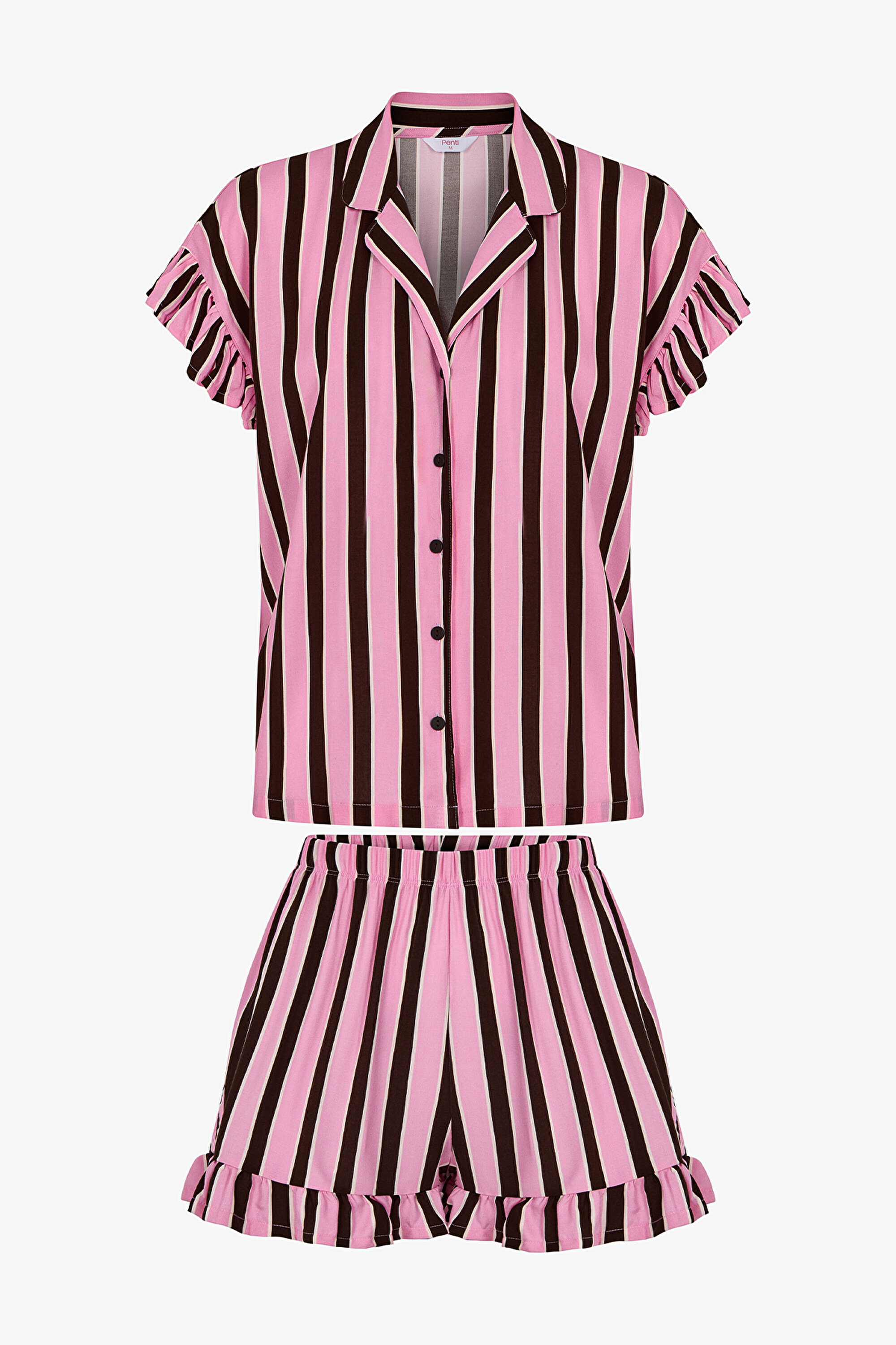 Lilyページ Brown Lily Çizgili Kısa Kollu Gömlek Şort Pijama Takımı