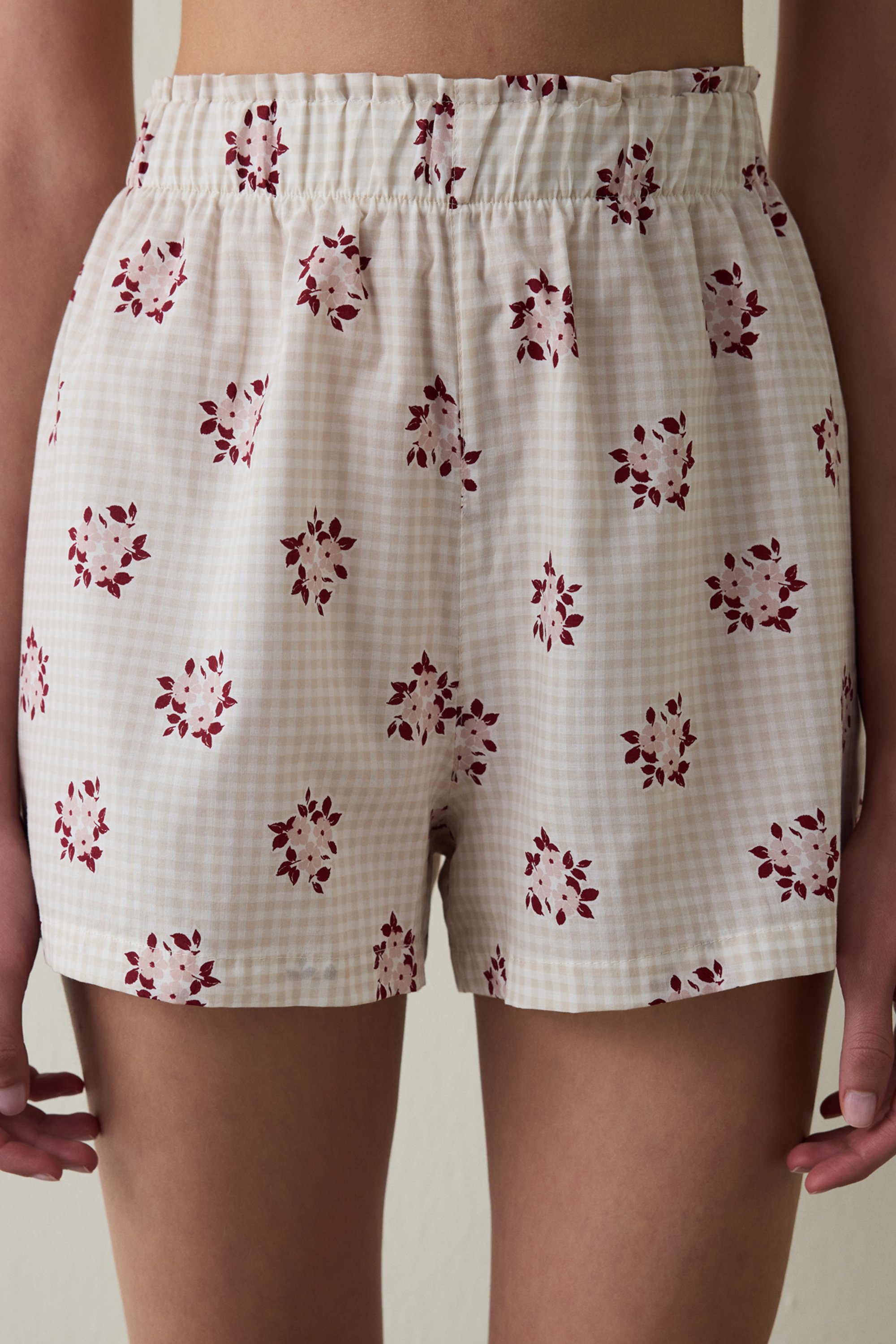 Taş Rengi Freya Çiçekli Pamuklu Şort Pijama Altı PNQY8NCK25SK-ST1