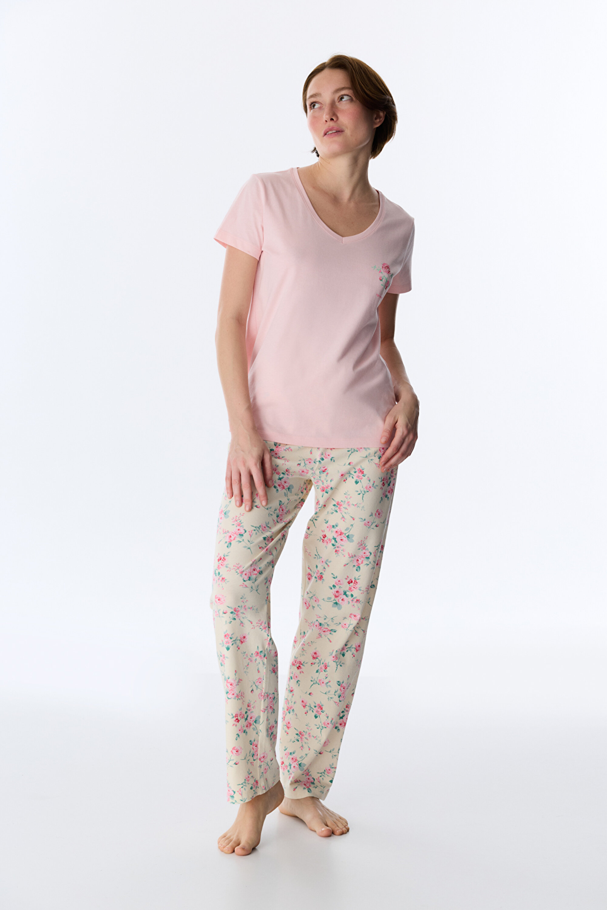 Gül Kurusu Pinkish Floral Pamuklu Pantolon Pijama Takımı