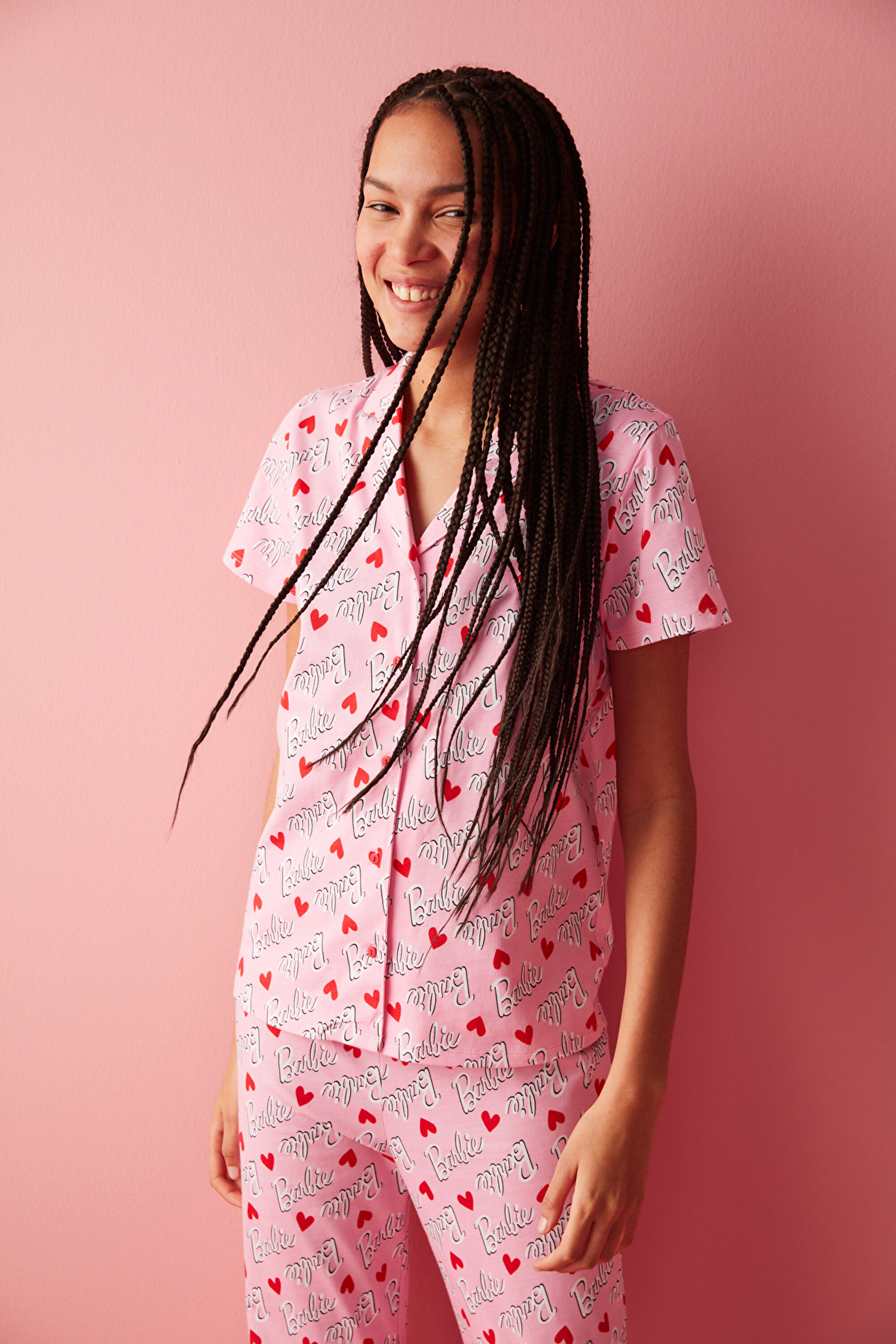 Pembe Lic Love Barbie Gömlek Pijama Takımı-Barbie Koleksiyonu