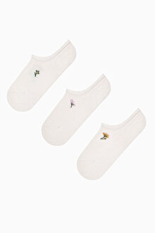 3 Çift Pamuklu Minimal Çiçek Nakiş Desenli Burun Dikişsiz Sneaker Çorap