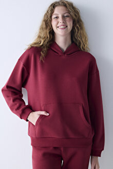 Bordo Kapüşonlu Oversize Şardonlu Sweatshirt