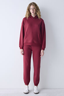 Bordo Kapüşonlu Oversize Şardonlu Sweatshirt_1