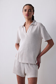 Polo Neck Loose Açık Bej Tişört