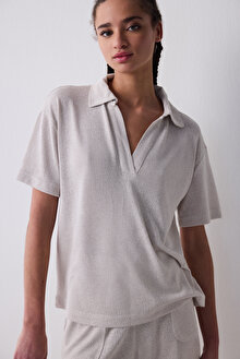 Polo Neck Loose Açık Bej Tişört_1