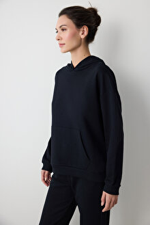 Siyah Bol Kesim Kapüşonlu Hoodie_1