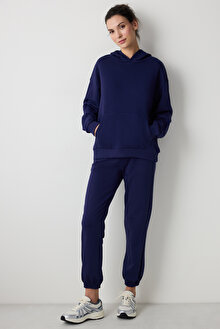Koyu Indigo Bol Kesim Kapüşonlu Hoodie _1