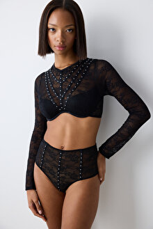 Shinny Lace Dantel Uzun Kollu Siyah Croplet_1