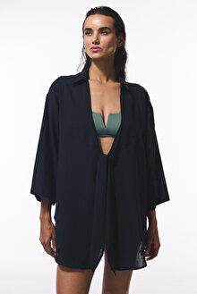 Siyah Sienna V Yaka Midi Oversize Gömlek