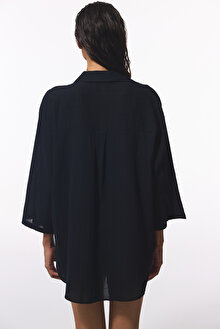 Siyah Sienna V Yaka Midi Oversize Gömlek_1