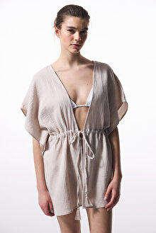 Taş Rengi Jambo Müslin V Yaka Mini Oversize Kaftan
