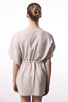 Taş Rengi Jambo Müslin V Yaka Mini Oversize Kaftan_1
