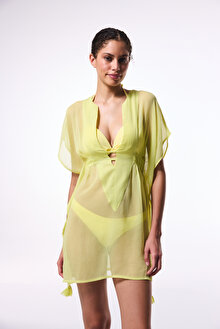 Sarı Basic Şifon V Yaka Mini Kaftan