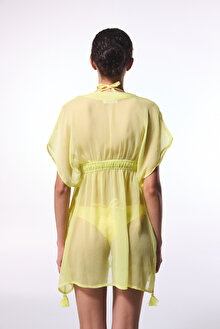 Sarı Basic Şifon V Yaka Mini Kaftan_1