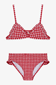 Kız Çocuk Kareli Fırfırlı Üçgen Bikini Takımı