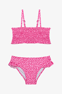 Kız Çocuk Mini Leopar Desenli Fırfırlı Bandeau Bikini Takımı