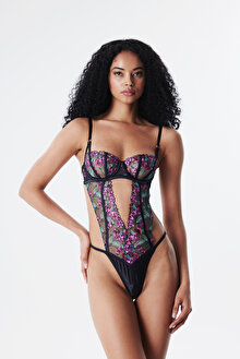 Glorie Floral Siyah Bodysuit - Privee Koleksiyonu