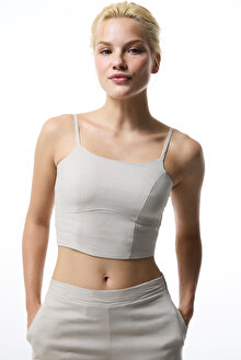 Taş Rengi Luna Keten Crop Top Üst