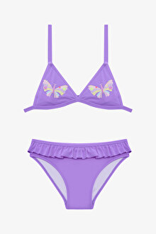 Lila Kız Çocuk Butterfly Fırfırlı Üçgen Bikini Takım