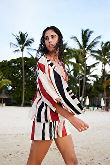 Shay Striped Etnik Desen V Yaka Oversize Kimono