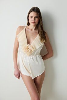 Saten Volan Rose Teddy Krem Bodysuit