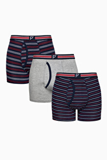 Erkek Kırmızı Çizgili 3lü Çok Renkli Boxer