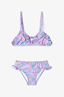 Kız Çocuk Pretty Flowers Çiçekli Fırfırlı Üçgen Bikini Takımı