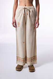 Bej Boho Keten Pantolon