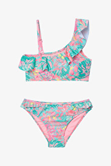 Genç Kız Bali Yaprak Desenli Fırfırlı Tek Omuz Bikini Takımı